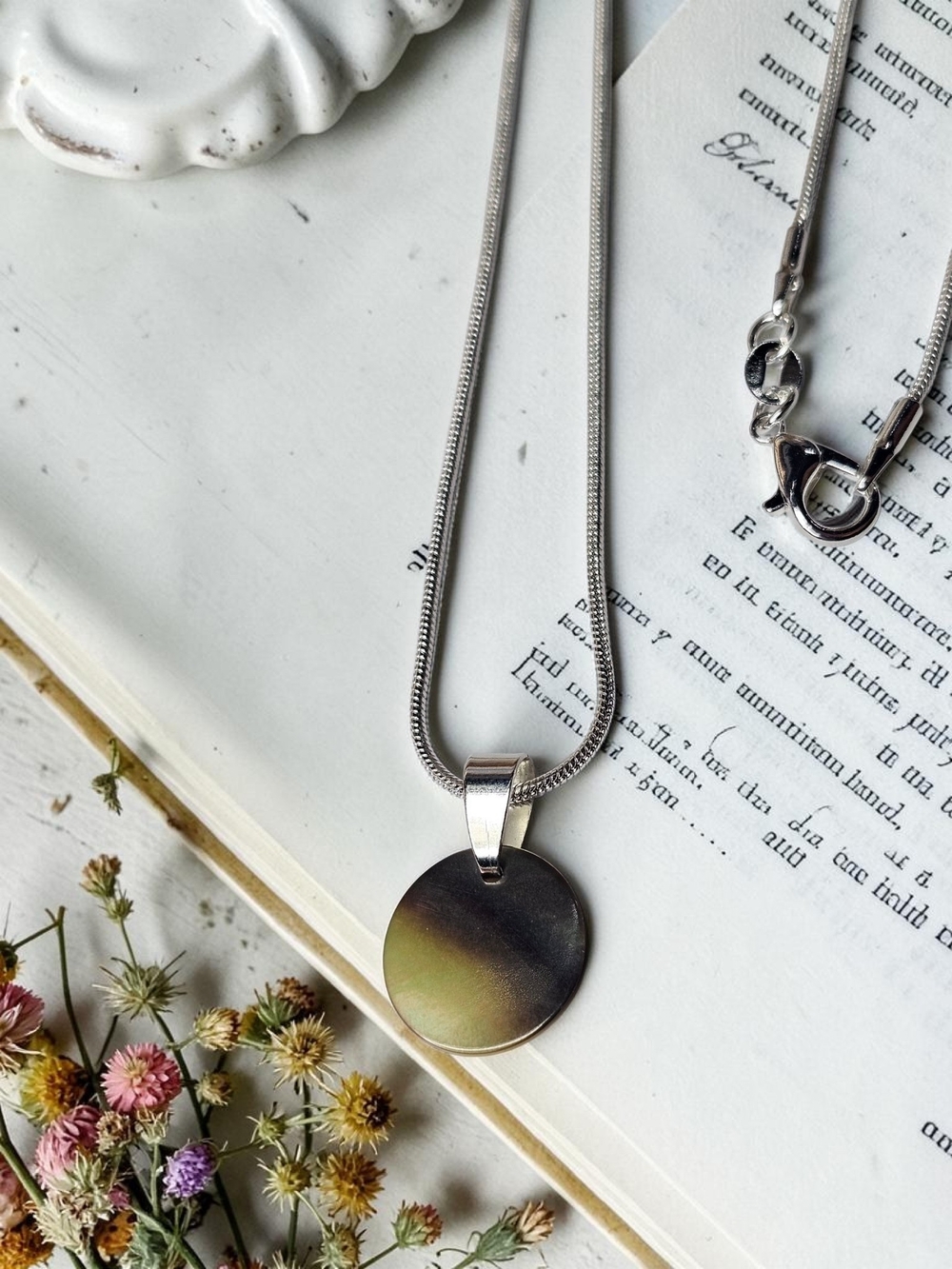 Sterling Silver Disc Pendant Necklace in Iridescent Green by